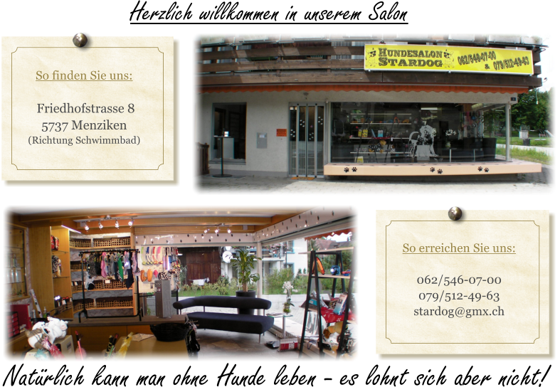 Herzlich willkommen in unserem Salon So finden Sie uns:   Friedhofstrasse 8 5737 Menziken (Richtung Schwimmbad) So erreichen Sie uns:  062/546-07-00 079/512-49-63 stardog@gmx.ch Nat�rlich kann man ohne Hunde leben - es lohnt sich aber nicht!